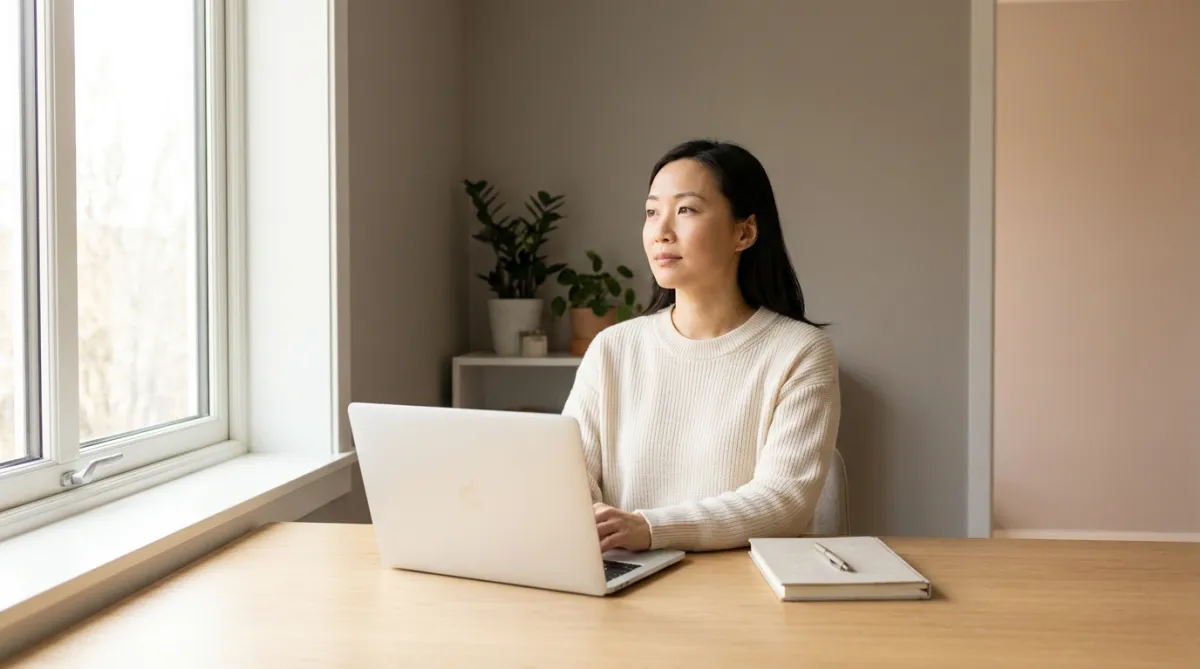 Quiet, thoughtful woman of Asian appearance at a desk, calm, focused, powerful in stillness, soft natural light, journal and laptop nearby, conveying inner strength and professional presence
