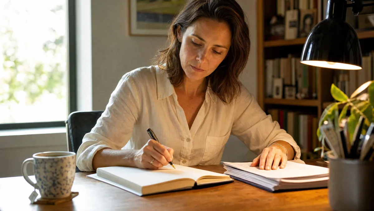 A woman writing in a notebook at a wooden desk, mapping out the specific group she serves, warm afternoon light through a window behind her.