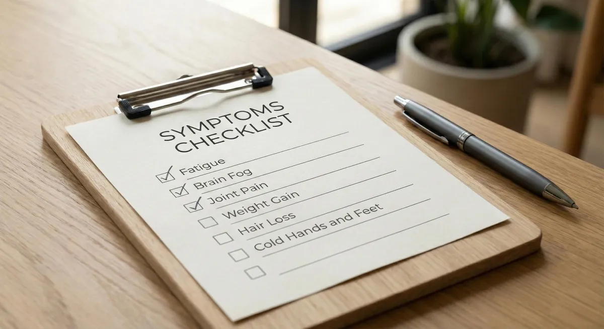Thyroid symptoms checklist for Hashimoto's including fatigue, brain fog, and weight gain tracking.