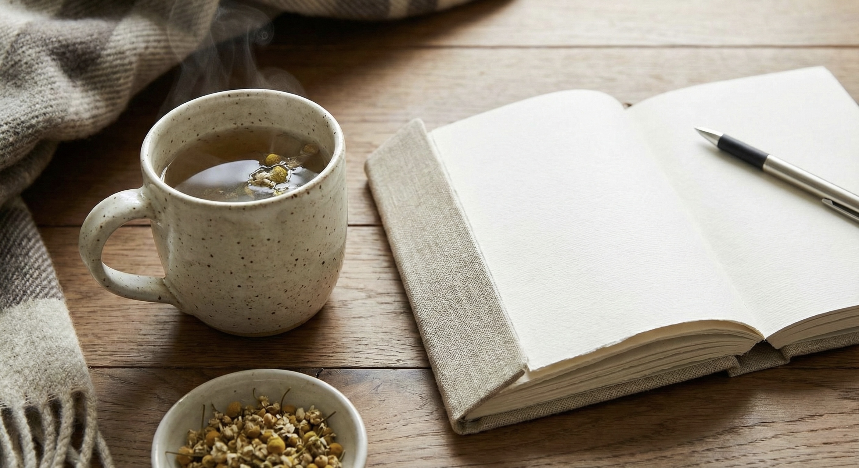 A journal and herbal tea, representing the stress management and mindset pillar of thyroid recovery.