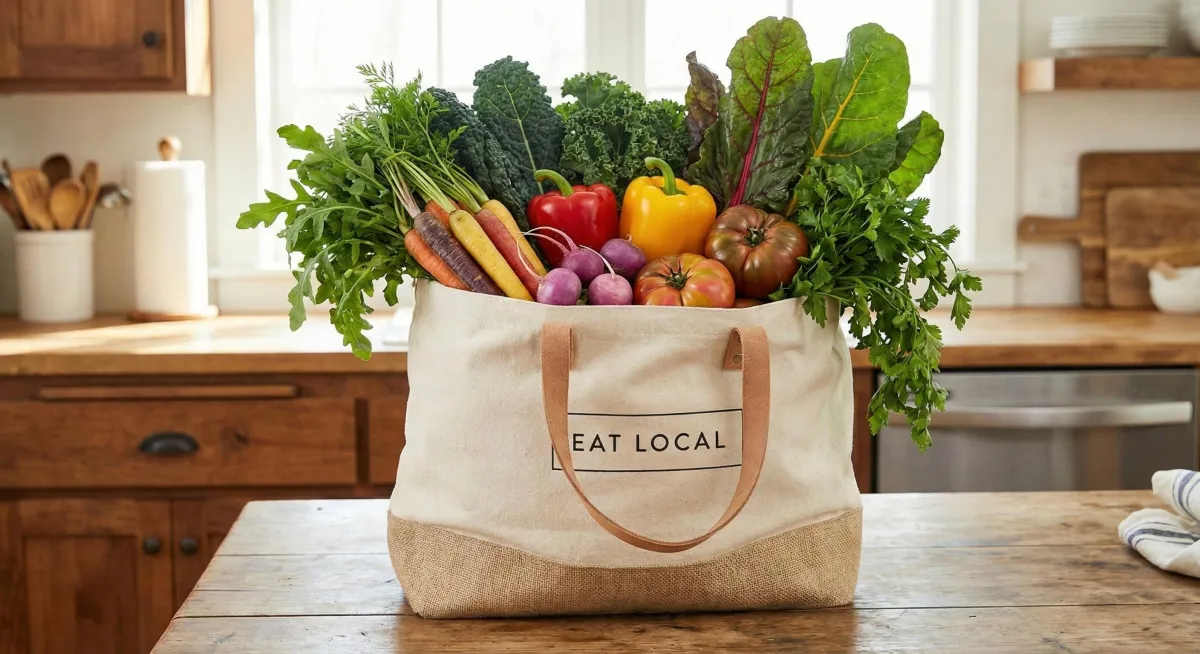 A high-quality lifestyle image of a burlap 'Eat Local' grocery bag filled with fresh, colorful vegetables on a kitchen counter, representing the non-restrictive nutrition approach of the Heal My Thyroid Blueprint.