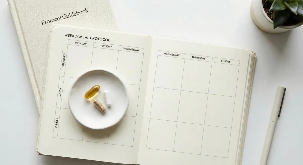 A clean, professional lifestyle image featuring a Protocol Guidebook and an open Weekly Meal Protocol planner with a small dish of supplements, representing the organized and data-driven approach of the Heal My Thyroid Blueprint.