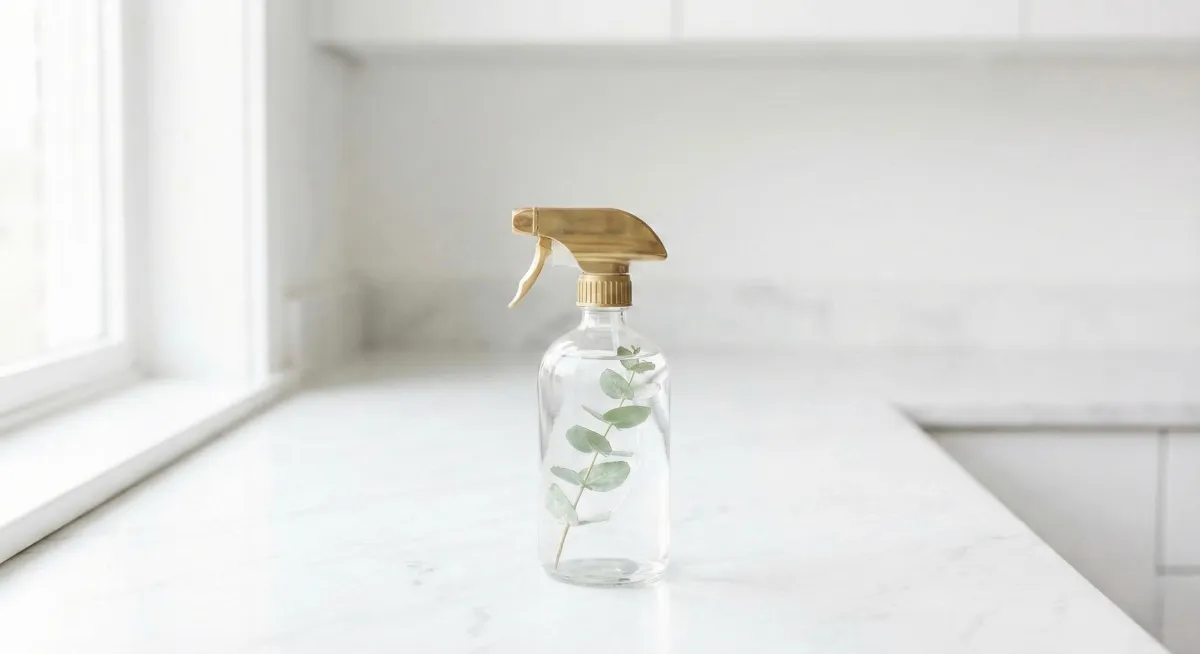 A minimalist glass spray bottle with a gold nozzle containing a sprig of eucalyptus on a white marble counter, representing the low-tox living and environmental trigger phase of the Heal My Thyroid Blueprint.