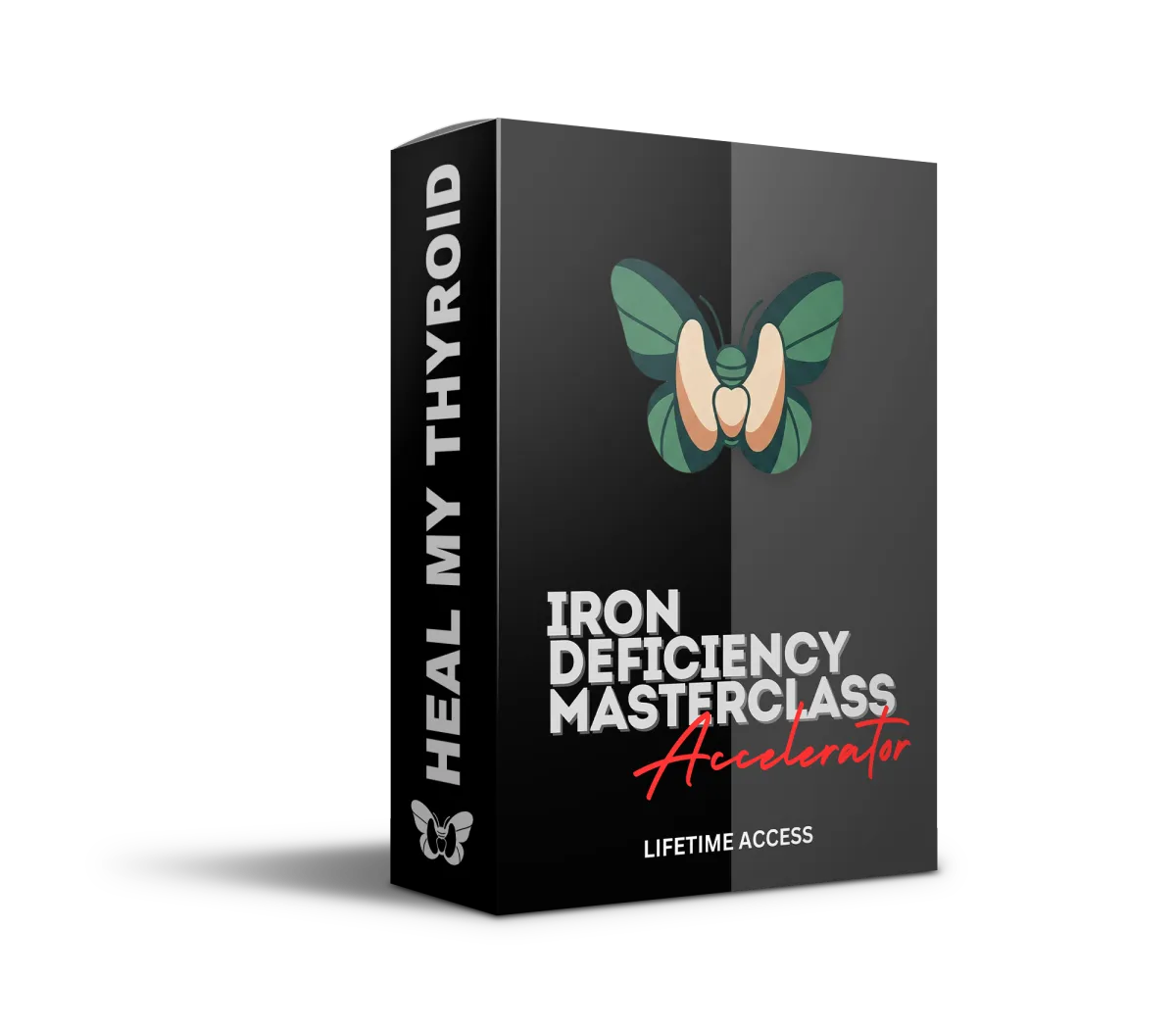 3D book mockup titled 'Iron Deficiency Masterclass' with a butterfly thyroid logo on a black cover, part of the Heal My Thyroid program.