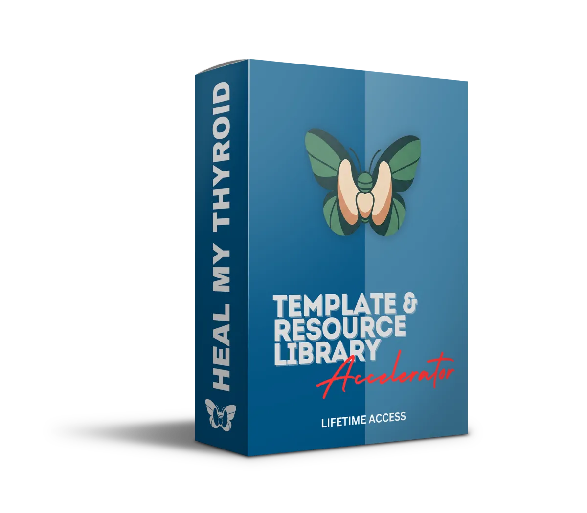 3D book mockup titled 'Template & Resource Library' with a butterfly thyroid logo on a blue cover, part of the Heal My Thyroid program.