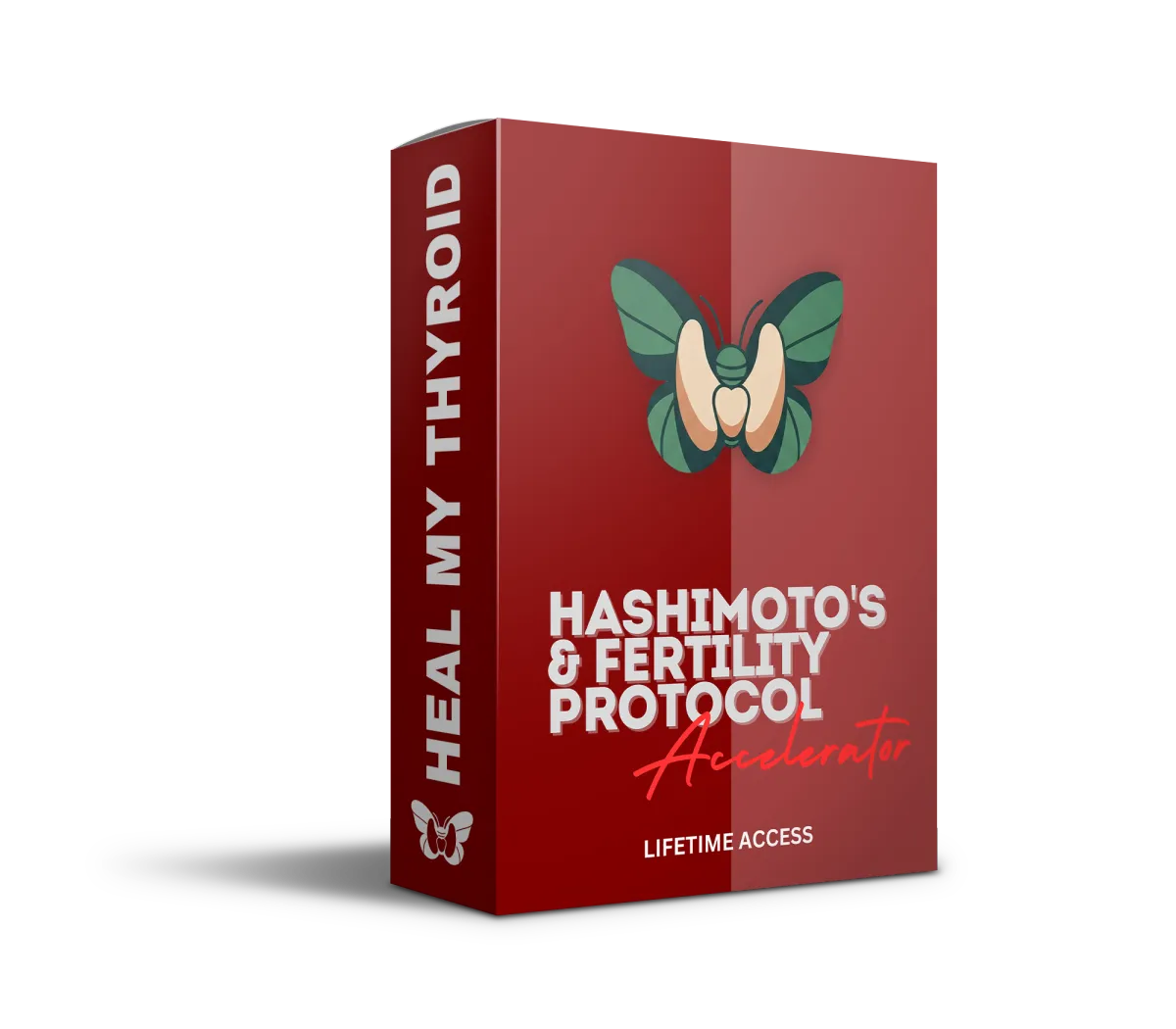 3D book mockup titled 'Hashimoto's & Fertility Protocol' with a butterfly thyroid logo on a dark red cover, part of the Heal My Thyroid program.