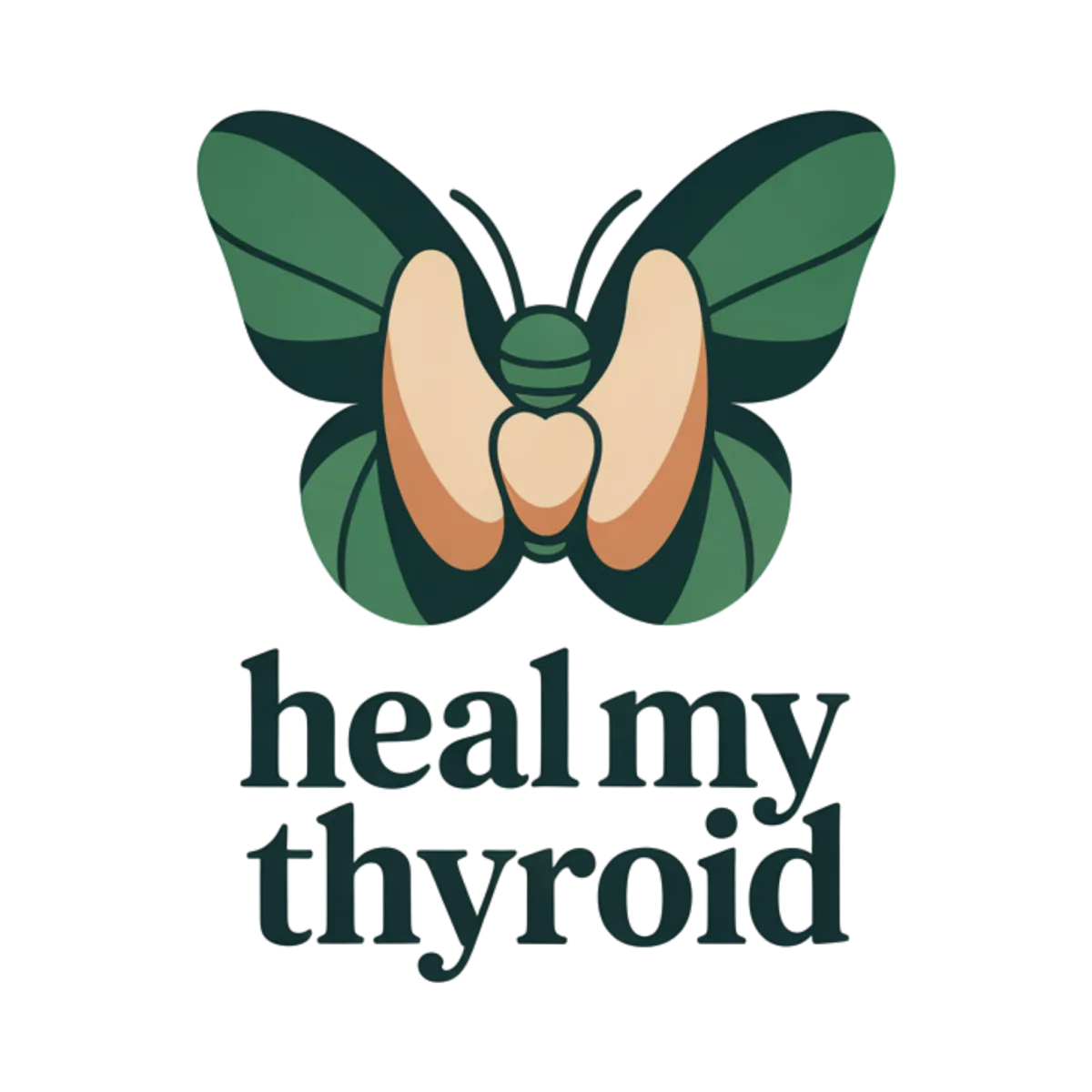 Heal My Thyroid brand logo featuring a butterfly-shaped thyroid icon and serif typography, created by a Naturopathic Doctor for thyroid health.