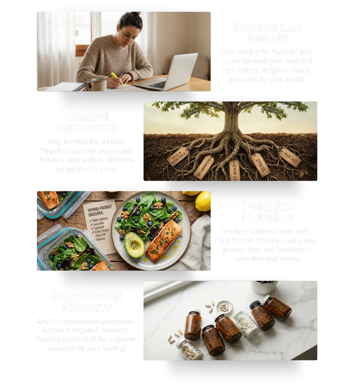 Educational infographic for the Heal My Thyroid program by Dr. Monica Velletri, ND, outlining how to heal Hashimoto’s through four pillars: decoding thyroid lab results, pinpointing root cause symptoms, optimizing thyroid nutrition with meal plans, and using targeted research-backed supplement protocols.