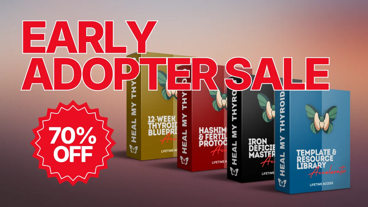 Pre-launch sale graphic for Heal My Thyroid by Dr. Monica Velletri, ND, offering 85% off a bundle including the 12-Week Thyroid Blueprint, Hashimoto’s and Ferritin protocols, and the Template Resource Library.