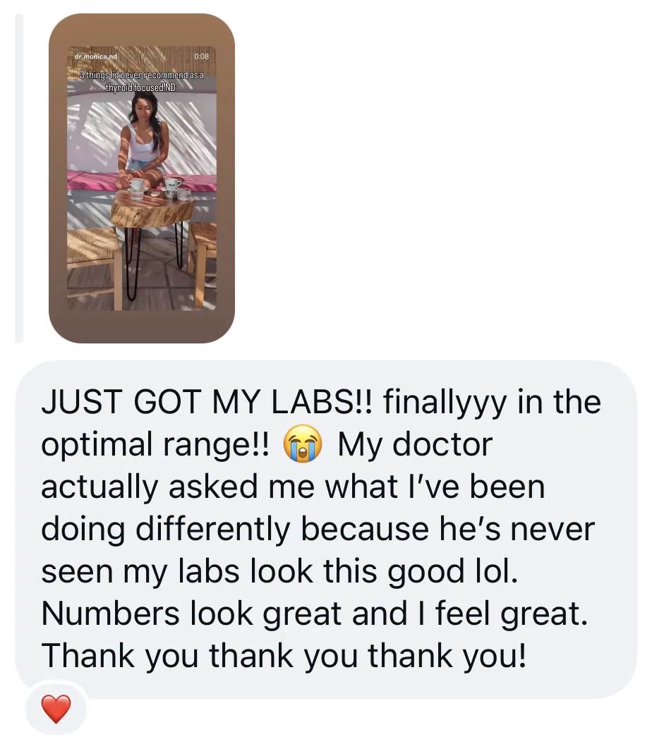 A testimonial message from a patient celebrating lab results in the optimal range. The text mentions her doctor was so impressed by the improvement that he asked what she had been doing differently.