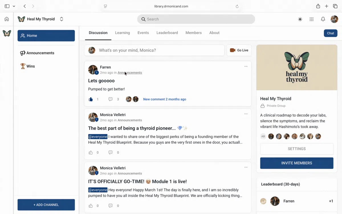 A scroll through the Heal My Thyroid Blueprint course dashboard, displaying the educational modules, video lessons, and thyroid health resources.