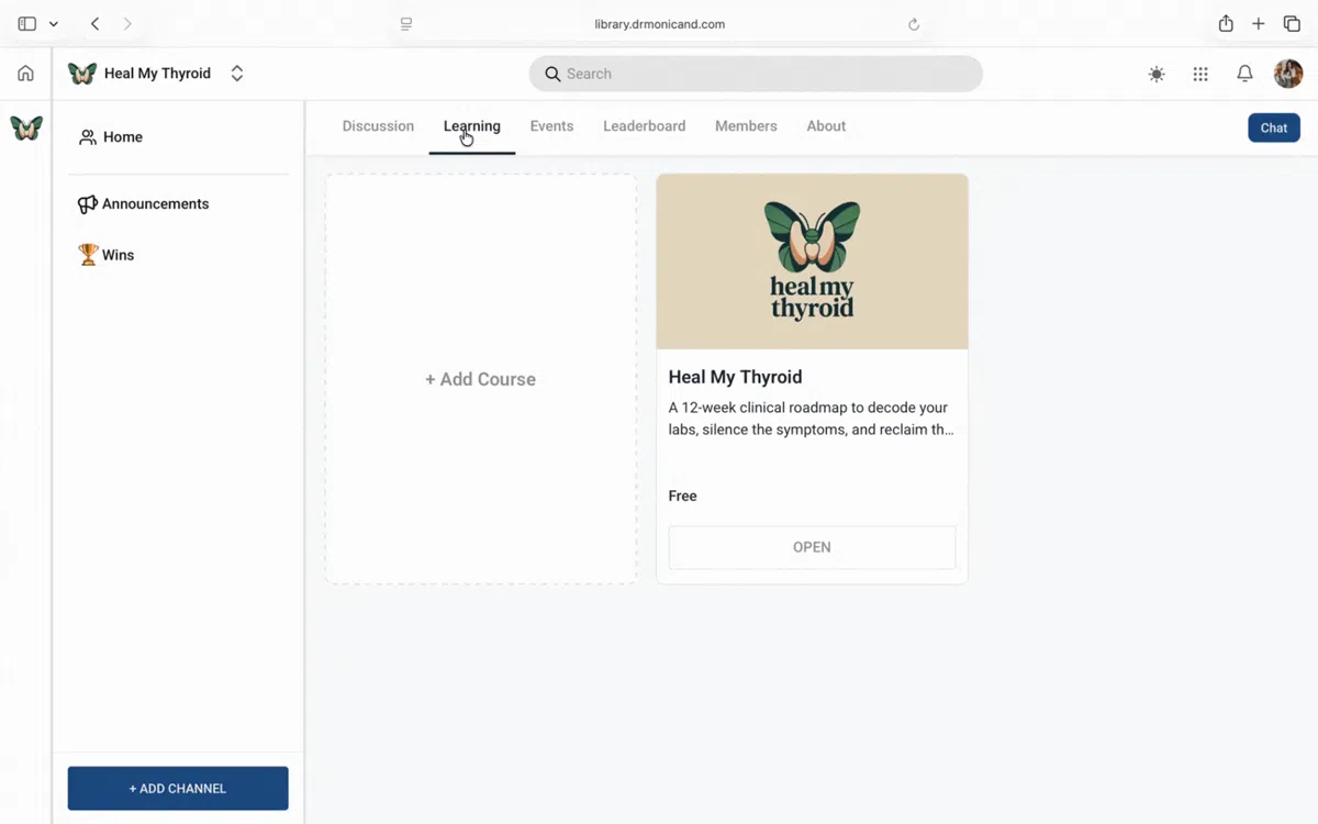 A scroll through the Heal My Thyroid Blueprint course dashboard, displaying the educational modules, video lessons, and thyroid health resources.