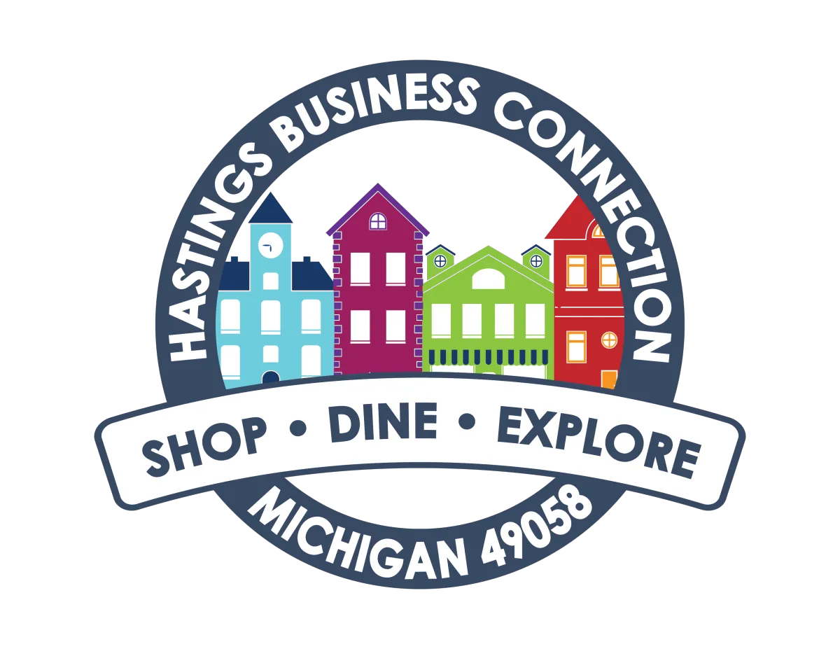 Hastings Business Connection logo featuring colorful stylized storefronts with the text Shop, Dine, Explore, Michigan 49058.