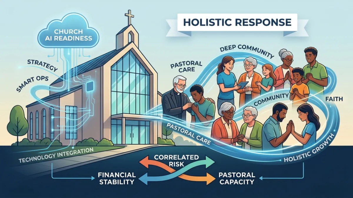 An illustrative diagram showing a holistic response to AI readiness for churches, featuring a church building with various labels like AI Strategy and Tech Integration connected to digital clouds and data lines. On the right, groups of diverse people demonstrate pastoral care, deep community, and faith. At the bottom, a correlated risk diagram links financial stability and pastoral capacity with intersecting arrows