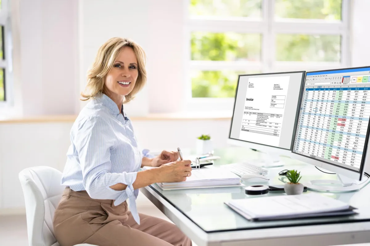   Remove BG  Save  Share  Sample  Woman Analyzing Digital E Invoice Using Online Software
