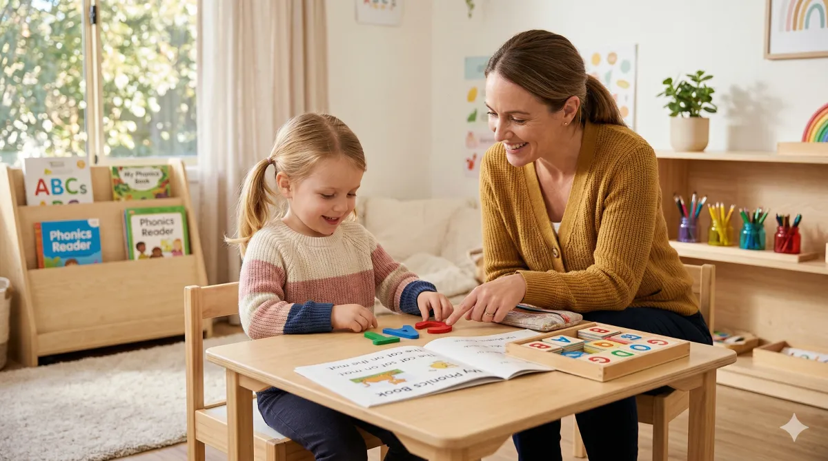 Girl working on letters to build reading readinss with female adult