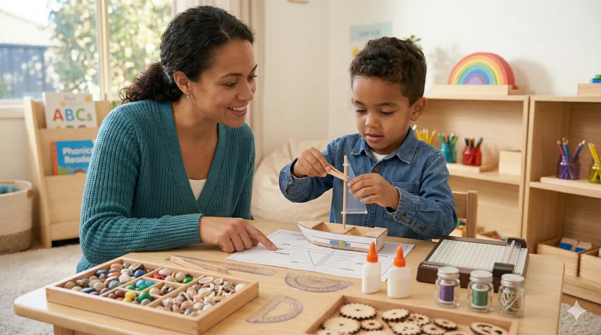Child crafting a boat using fine motor skills with mom watching 