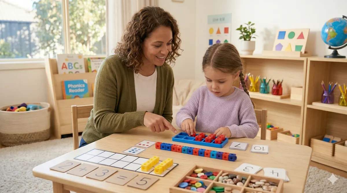 Girl practices with numbers while teacher helps