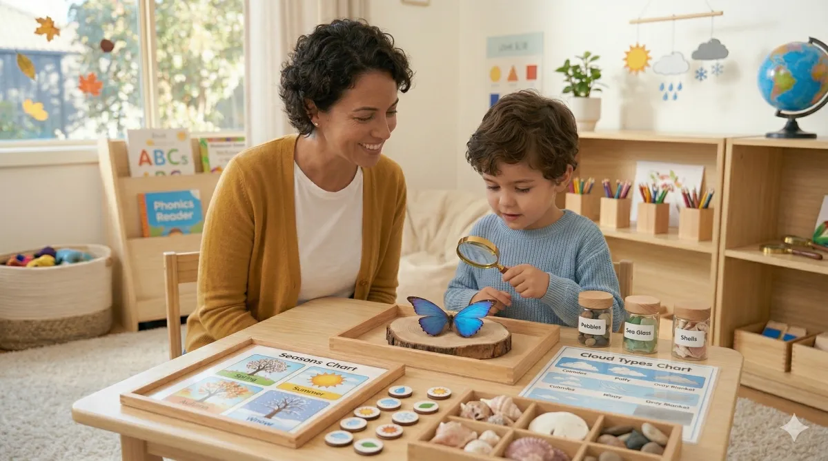 Child explores curiously through science with a butterfly with teacher watching
