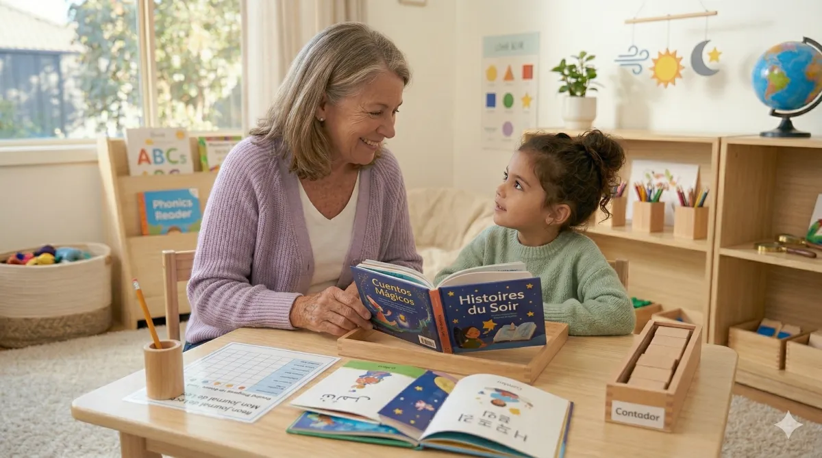 Child is getting help with a book from teacher
