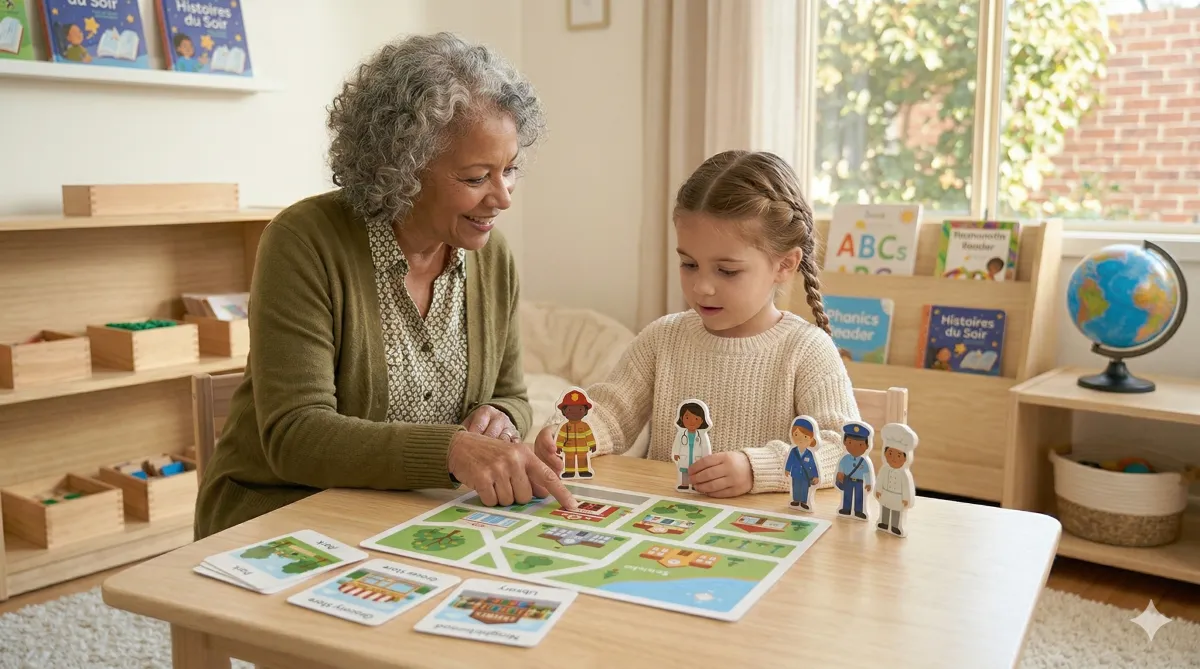 Child explores community helper play with teacher