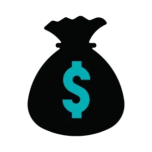 Black money bag with a prominent blue dollar sign in the center.