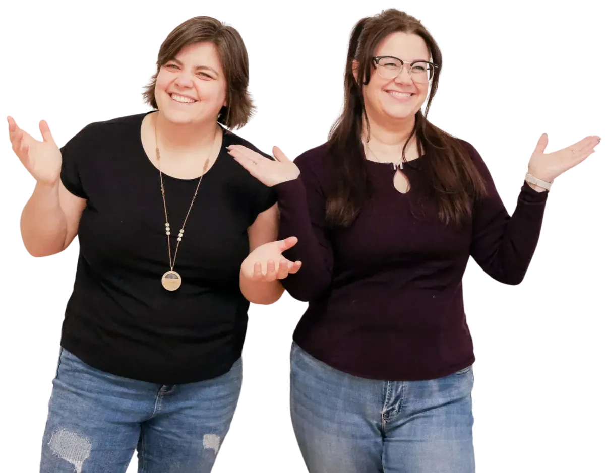 Kim and Kat smiling with raised hands in a casual pose on a transparent background.
