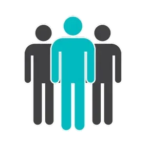 Three stylized figures with the central figure highlighted in blue, representing leadership or influence.