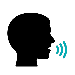 Black silhouette of a person speaking with blue sound waves.