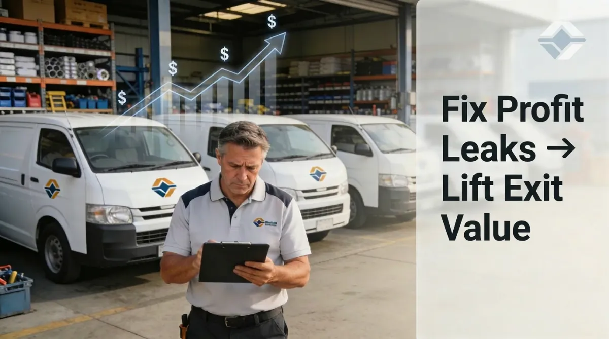 Trade business owner standing in front of work vans with the words ‘Fix Profit Leaks → Lift Exit Value’, illustrating how reducing profit leaks increases exit value for Australian HVAC, electrical and plumbing businesses.”