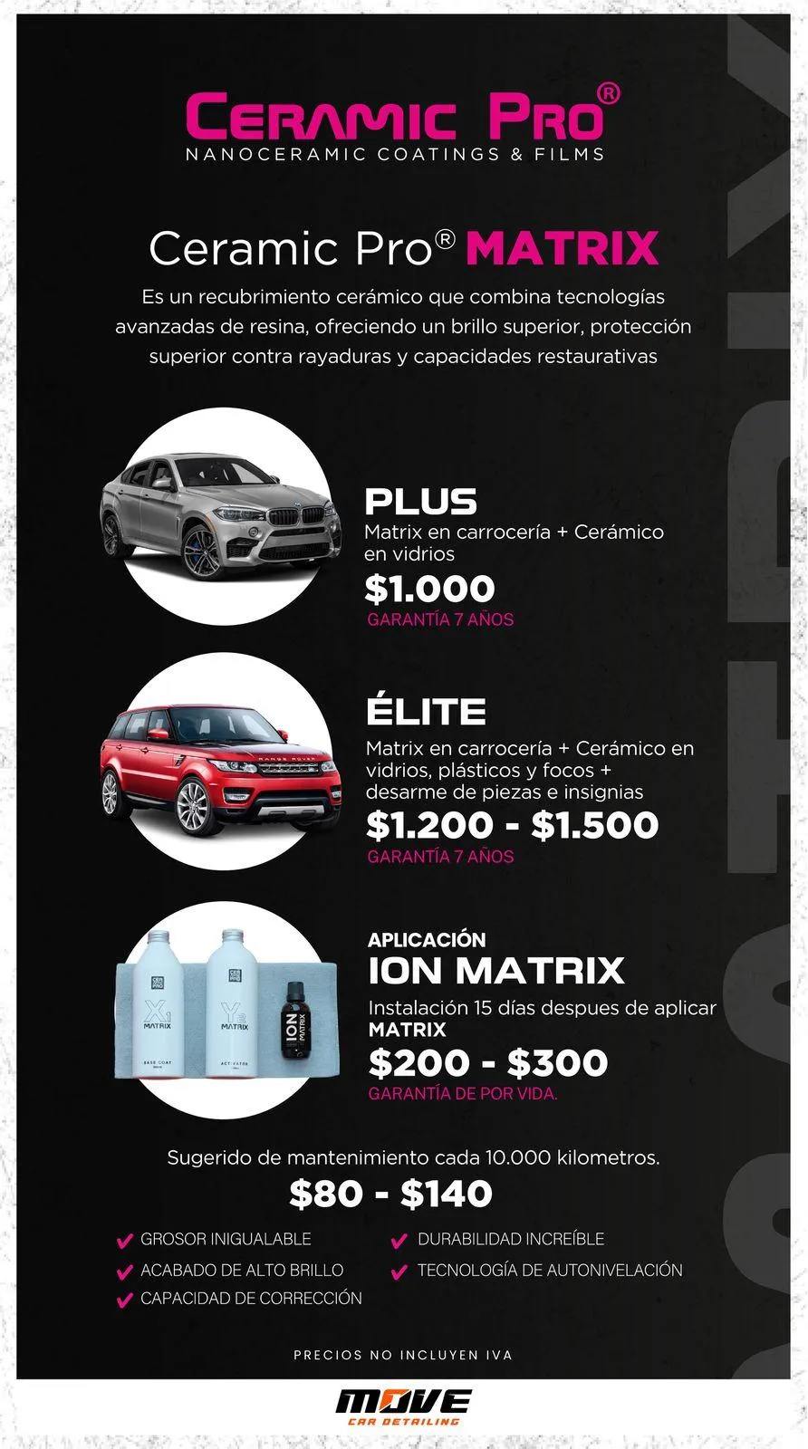 Aplicación de recubrimiento cerámico Ceramic Pro en vehículo de lujo en San José, Costa Rica Detalle de brillo extremo con protección Ceramic Pro realizada por Move Car Detailing Instalación de PPF (película de protección de pintura) Ceramic Pro en auto deportivo en Costa Rica Protección invisible contra rayones con PPF aplicado por expertos en San José Aplicación avanzada de recubrimiento Ceramic Pro ION para protección a largo plazo en Costa Rica Vehículo protegido con tecnología de última generación Ceramic Pro ION en Move Car Detailing Tratamiento con Ceramic Pro Matrix en SUV de alta gama en San José Recubrimiento cerámico Matrix que mejora el acabado y la durabilidad de la pintura automotriz Lavado automotriz premium en San José con productos especializados y técnicas seguras Servicio de car wash detallado realizado por Move Car Detailing en Costa Rica Pulido de pintura con pulidora Rupes para eliminar imperfecciones y restaurar el brillo original Detalle con tecnología Rupes en vehículo premium, realizado por profesionales en Costa Rica Detalle completo interior y exterior en vehículo de gama alta en San José Transformación de pintura con detailing automotriz profesional en Costa Rica Antes y después del detallado con Ceramic Pro en Move Car Detailing Resultado final tras aplicación de PPF y pulido con Rupes en Costa Rica
