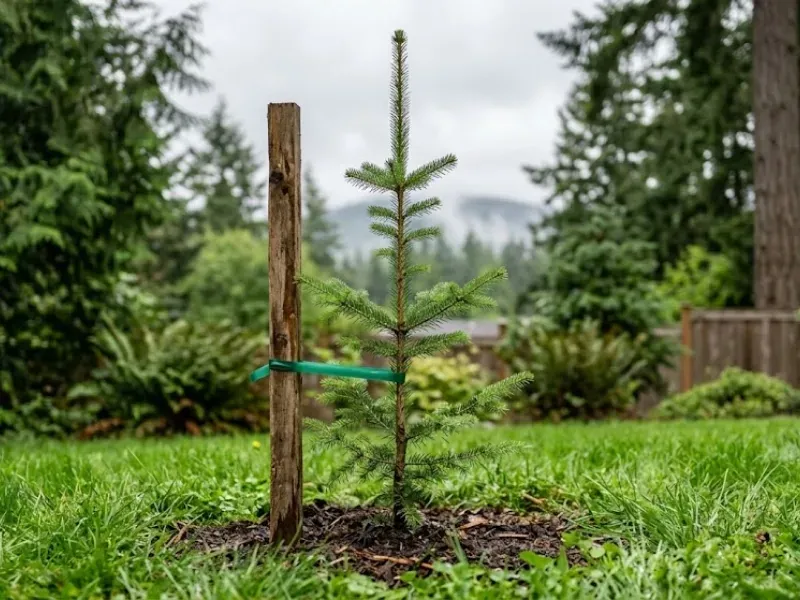 Tree Ninjas arborist training a newly planted ornamental tree in a Monroe WA residential landscape, establishing scaffold branch spacing in the Skykomish Valley