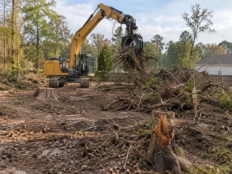 Excavator with a grapple attachment lifting uprooted tree debris while clearing a residential lot near a home.