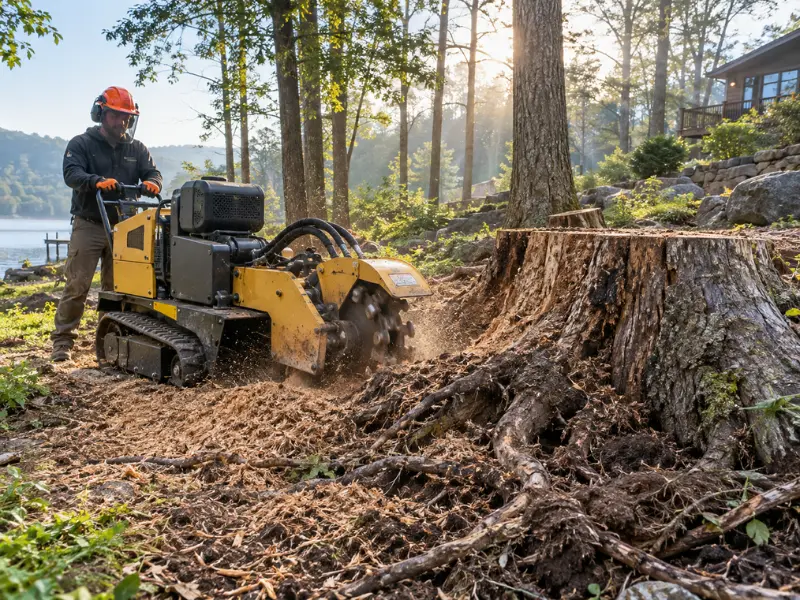 Operator in a hard hat and ear protection grinding a large tree stump with a tracked stump grinder near a lake home.