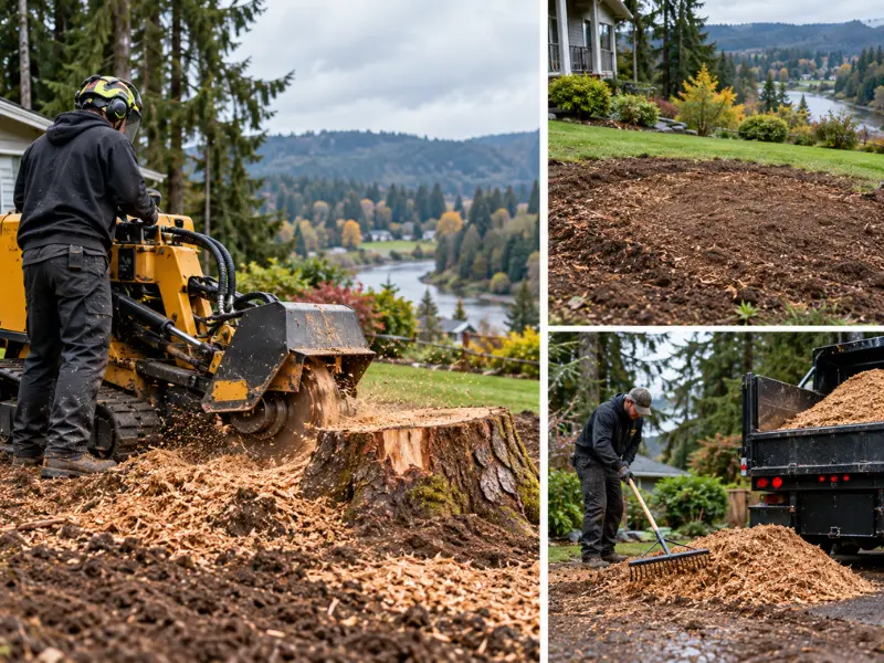 Stump grinding process shown in three steps: a grinder cutting a stump, a smooth leveled area after grinding, and a worker raking wood chips into a truck for cleanup.