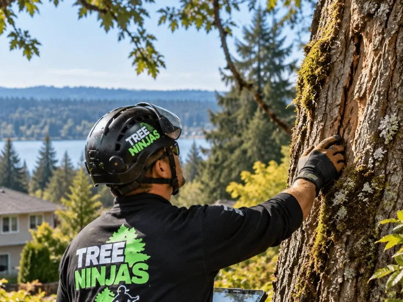 Tree Ninjas arborist in a helmet inspecting the bark of a large tree trunk to assess the tree’s health.