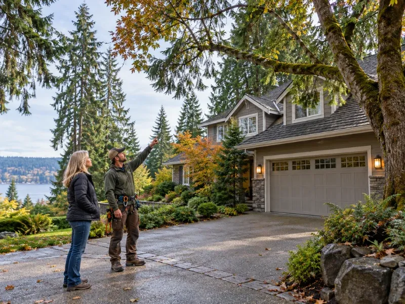 Arborist pointing to overhanging branches of a large moss-covered tree while consulting a homeowner about tree pruning.