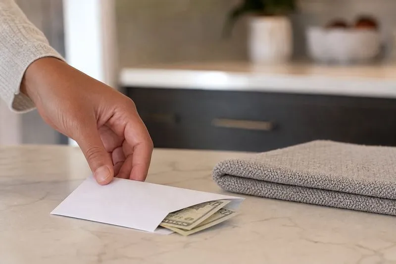 A thank-you envelope with cash on a clean kitchen counter, representing tipping a house cleaner