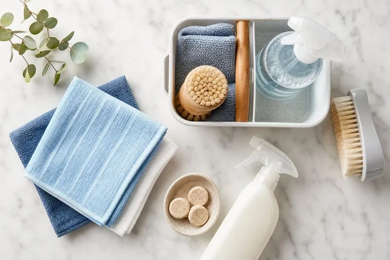 Cleaning supplies including microfiber cloths, spray bottles, and brushes on a countertop