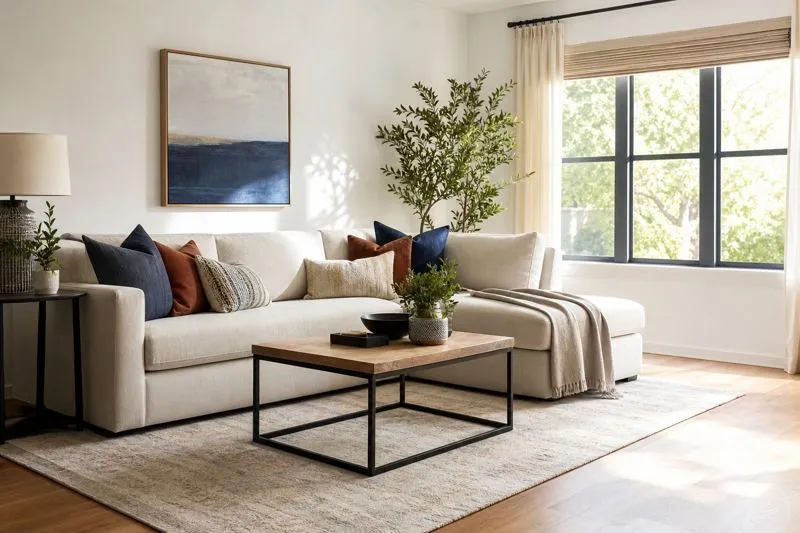 A bright, tidy living room with natural light