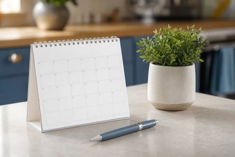 A calendar and pen on a kitchen counter next to a small plant