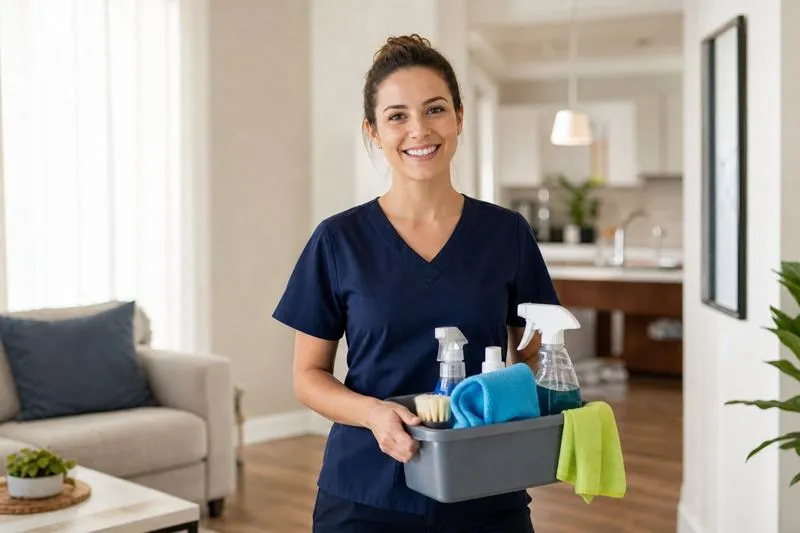 A professional cleaner smiling while holding a cleaning caddy