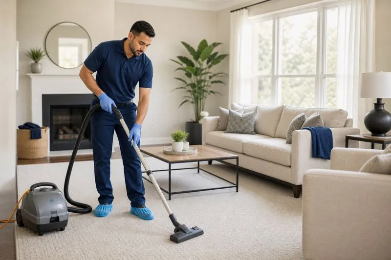 A professional cleaner vacuuming a bright living room carpet