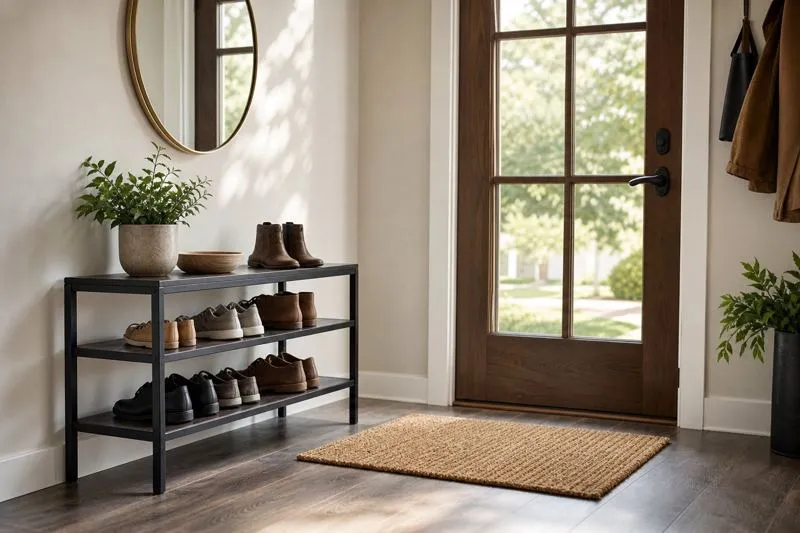A clean, welcoming home entryway with a shoe rack and doormat