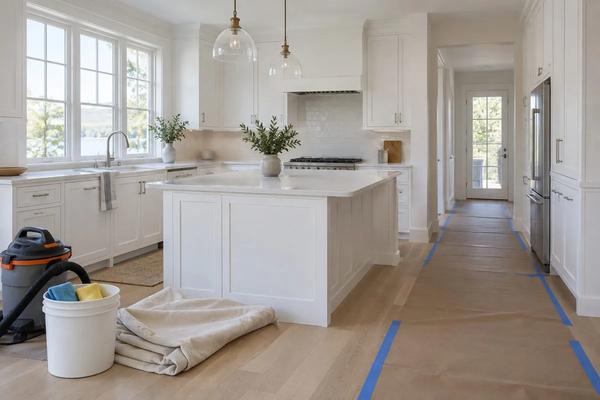 A freshly renovated kitchen with protective floor paper, a drop cloth, and cleaning supplies ready for the final clean