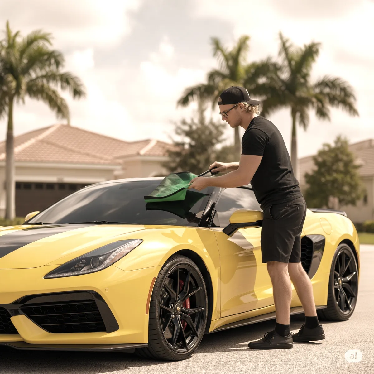 Matt installing window tint on a sports car at the customer's home