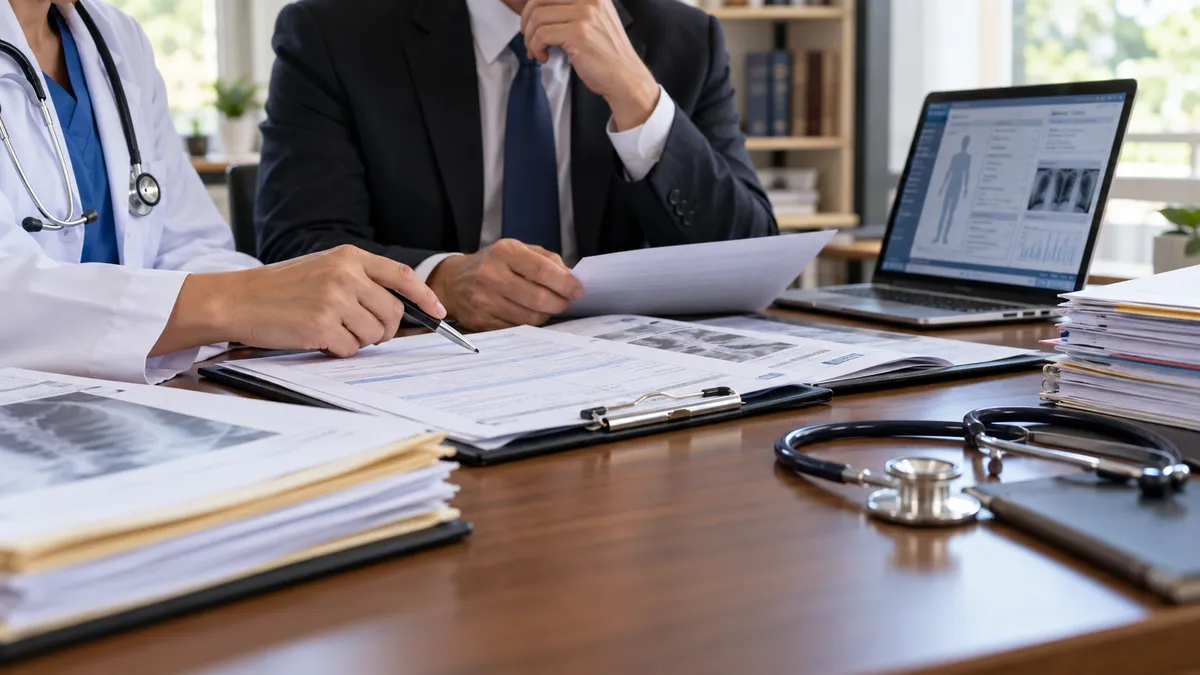 Doctor and attorney reviewing patient medical records and treatment documents to evaluate a potential medical malpractice claim in West Virginia.