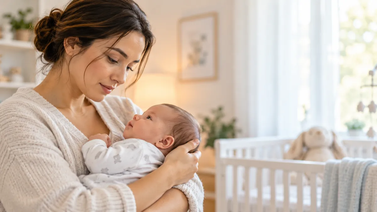 Mother holding her newborn baby in a softly lit nursery, illustrating early parent concerns and infant health awareness for a birth injury blog cover.