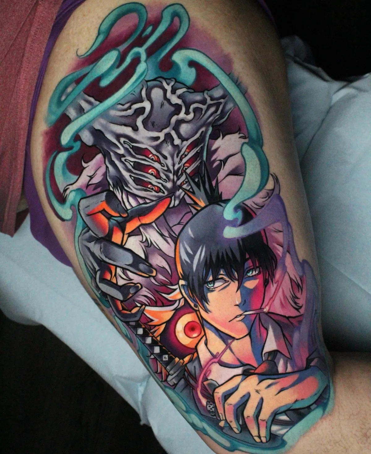Aki and future devil tattoo from Chainsawman by Orlando Anime Tattoo Artist Ren Behan at xsadfamx.