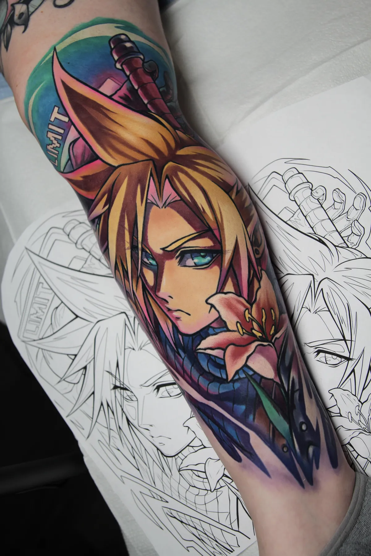 Cloud Strife Tattoo, FFVII tattoo, final fantasy 7 tattoo, anime tattoos, video game tattoos, orlando anime tattoo artist, florida anime tattoo artist